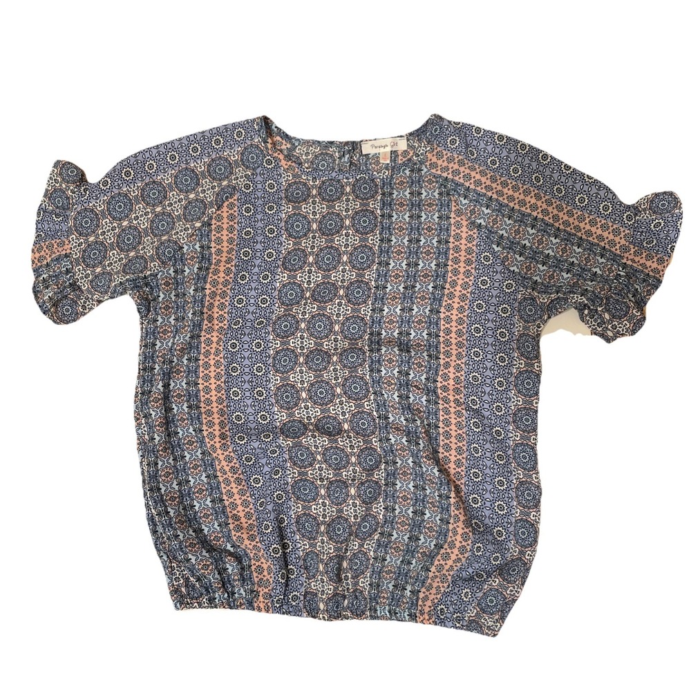 Persaya‎ Girls Blouse Size L Blue Pink Geometric Ruffle Sleeves Elastic Waist